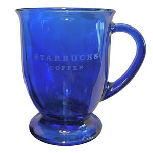 90s STARBUCKS Cobalt Blue Glass Coffee Mug 16oz Anchor Hocking Etched Design